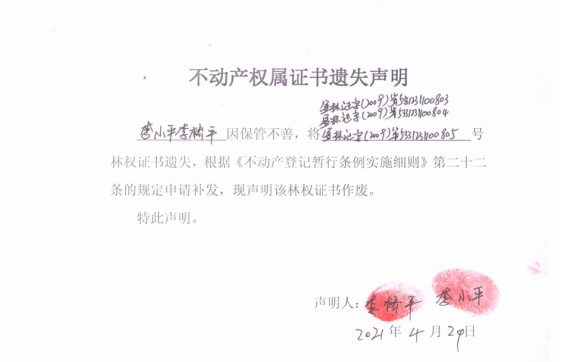 20不动产权属证书遗失声明（李小平，李桥平）（林权）0