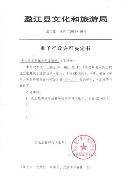 盈江县盏西镇大明星酒吧许可决定书_294
